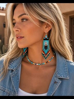 Handmade Beaded Necklace & Fringe Earrings Set Indigenous Boho Western New